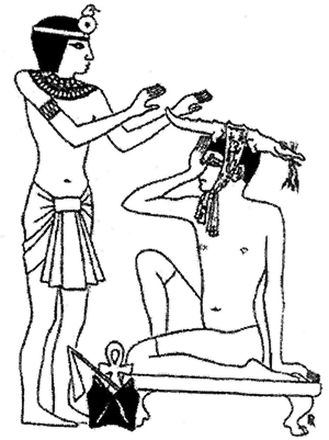 Egyptian papyrus which describes therapy of migraine by bandaging a clay crocodile with herbs stuffed into its mouth to the head of the patient.